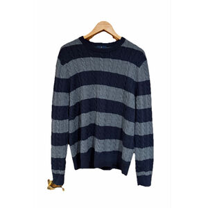 Brooks Brothers Cable Knit Striped Wool Sweater Navy Gray Mens L